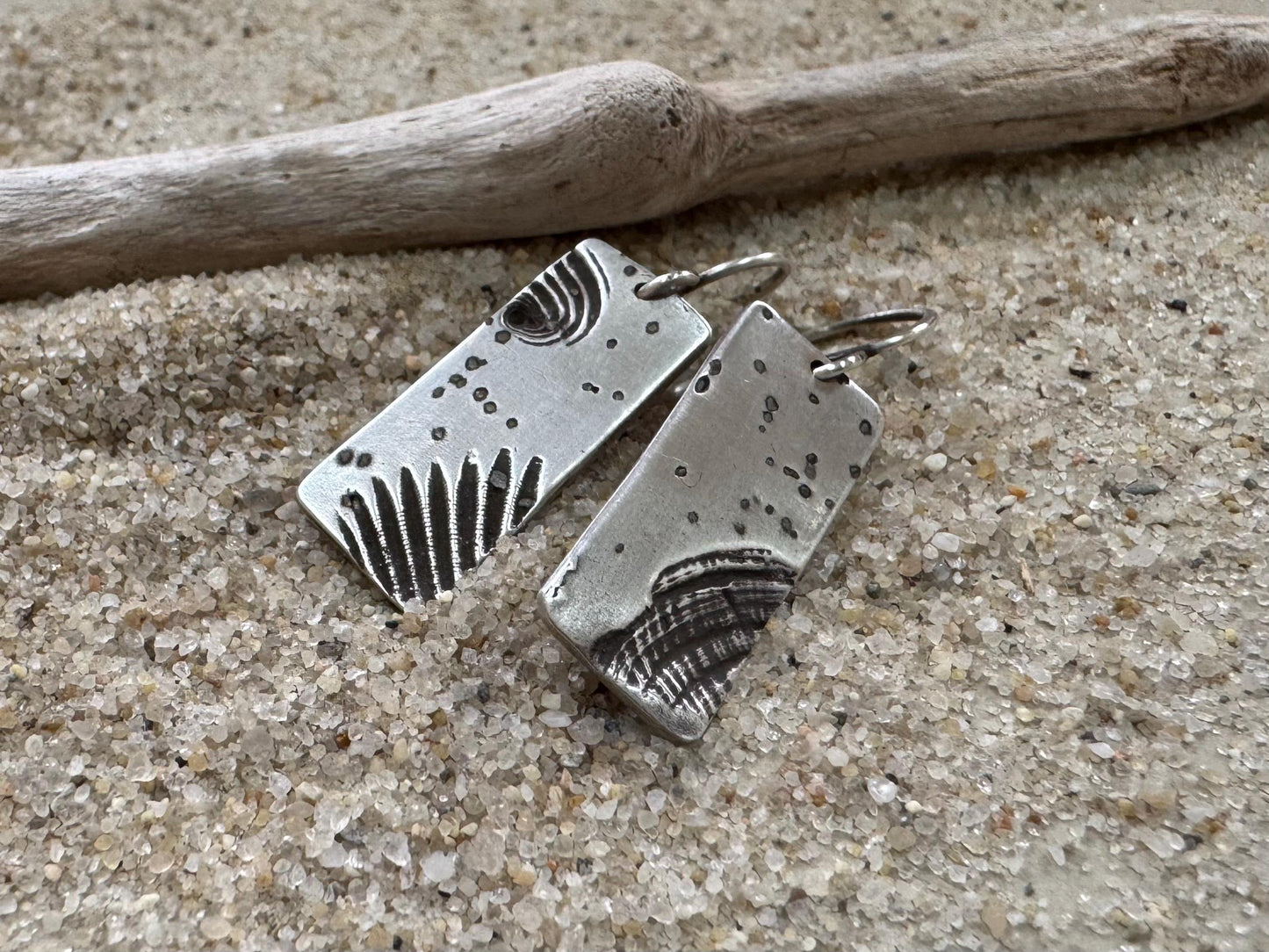 Silver mismatched seashell and sand earrings