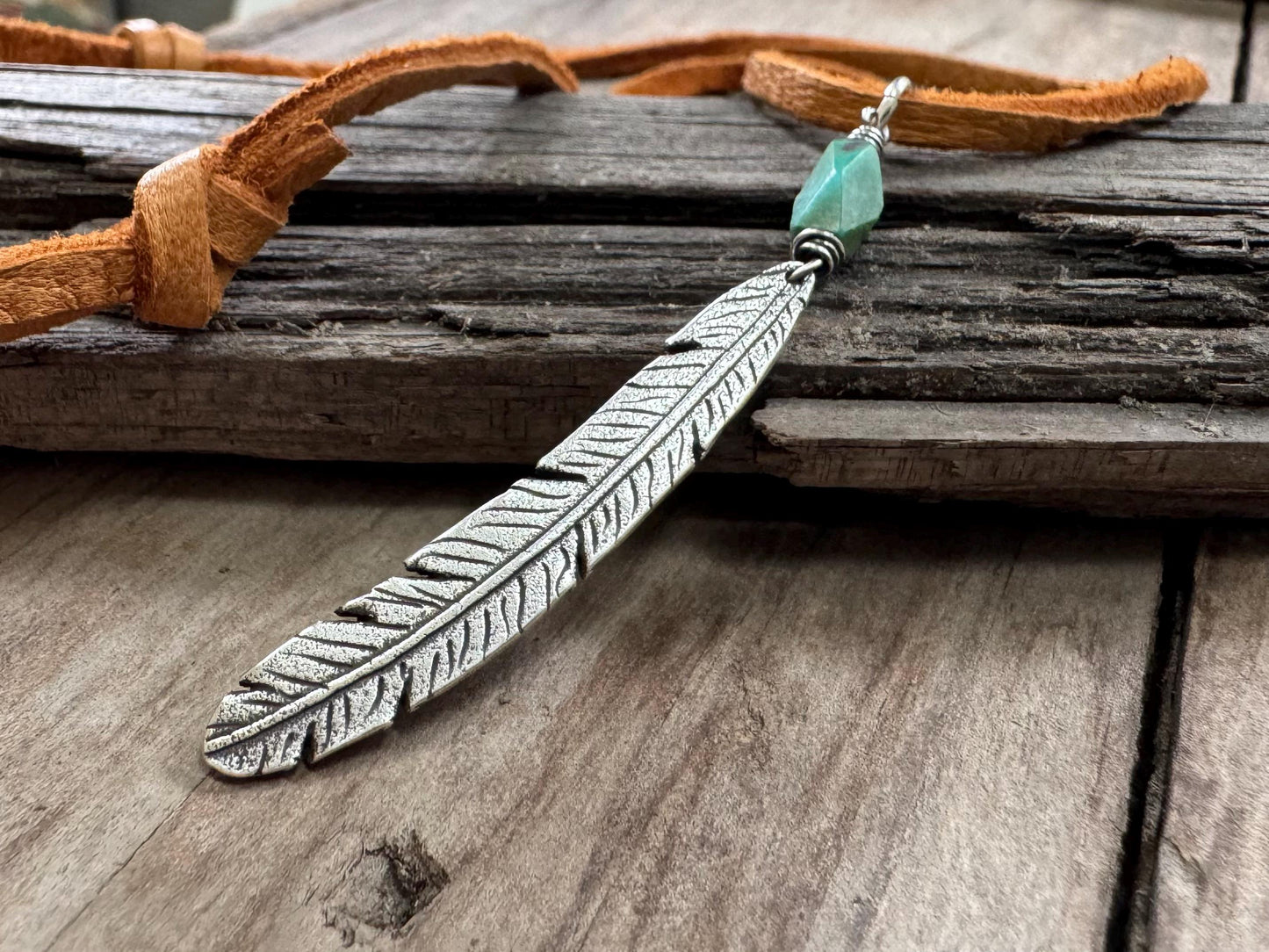 Tribal style silver feather necklace with turquoise on leather or chain