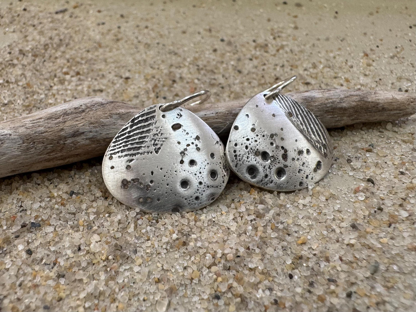 Silver seashell "fossil" and sand impression earrings