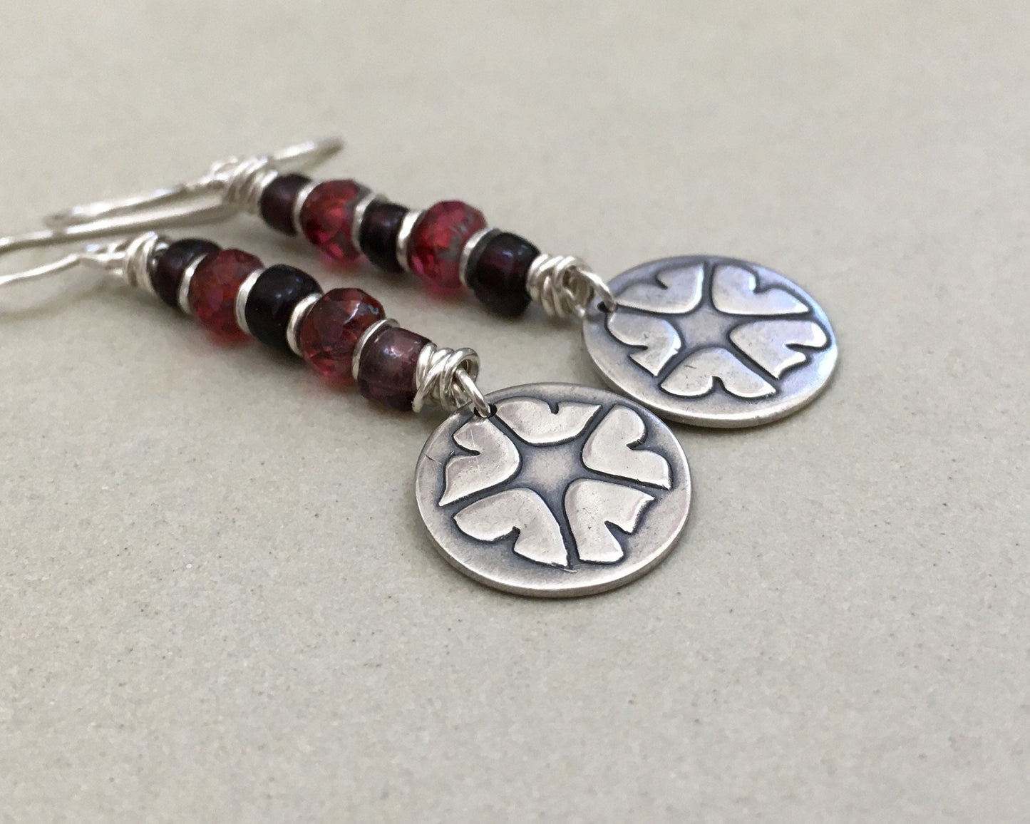 Springtime petunia earrings in silver with red & purple bead stack