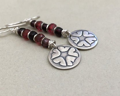 Springtime petunia earrings in silver with red & purple bead stack