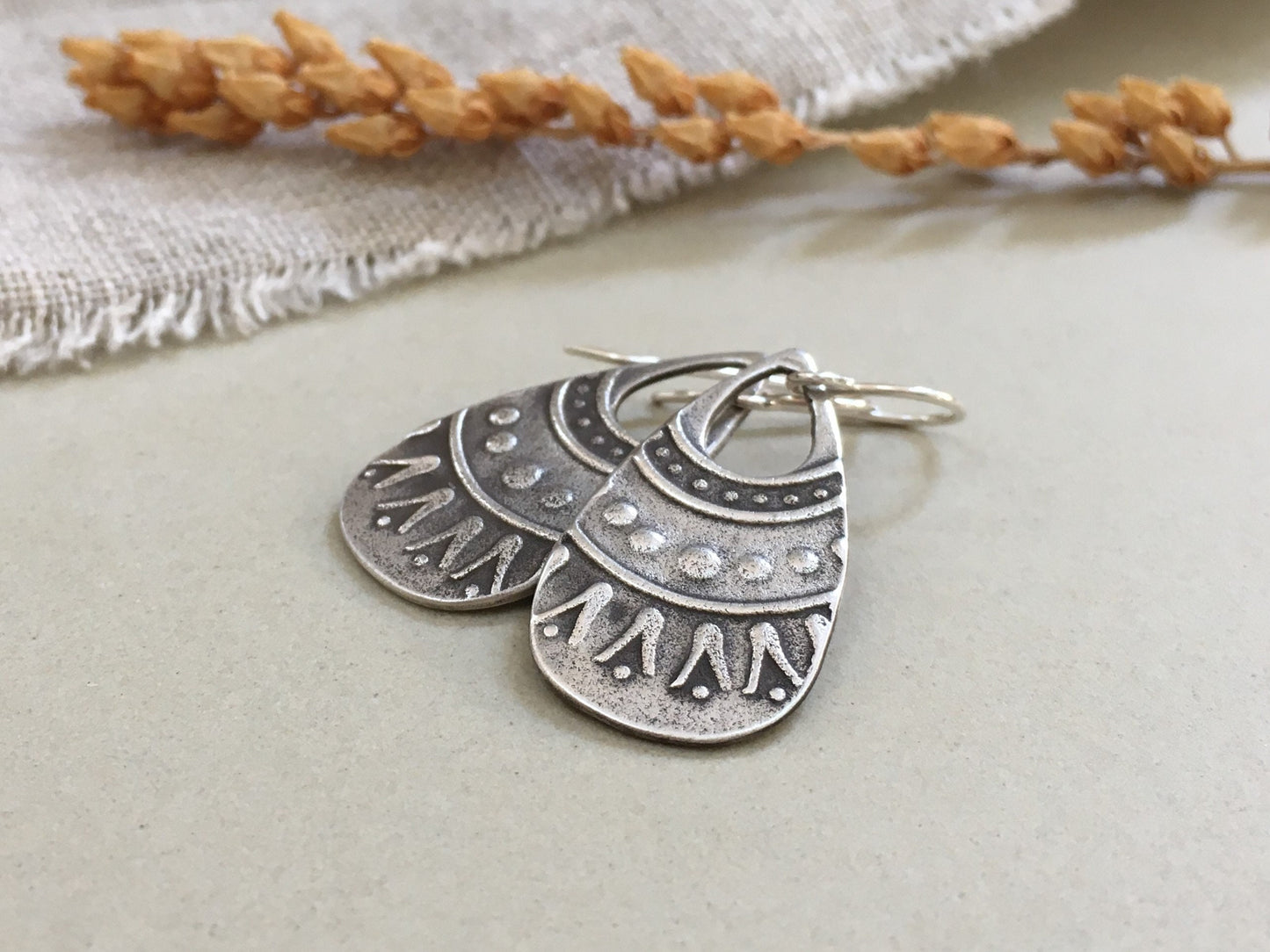 Rustic tribal style silver teardrop earrings