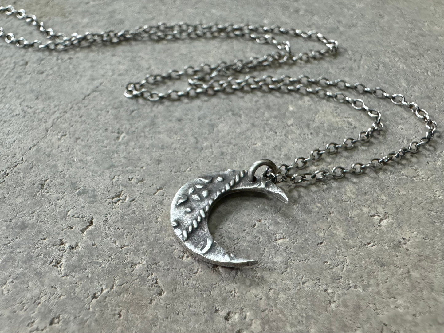 Small silver rustic crescent moon necklace