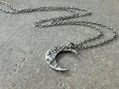 Small silver rustic crescent moon necklace
