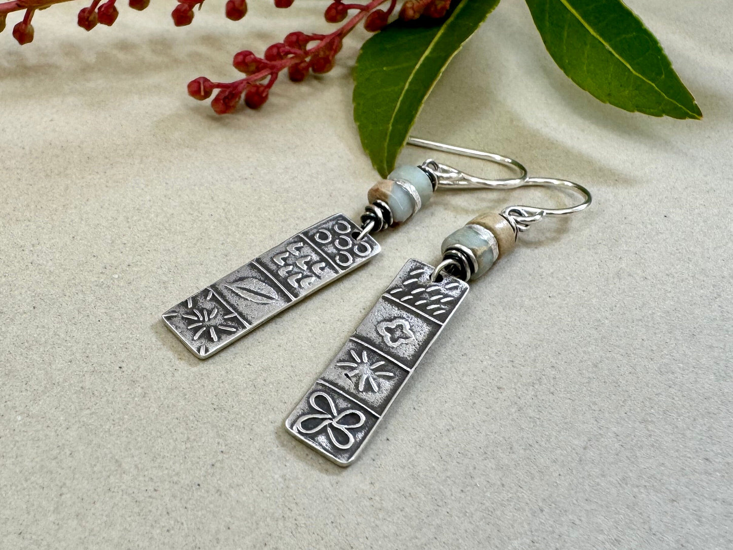 Silver quilt panel earrings with ocean jasper beads