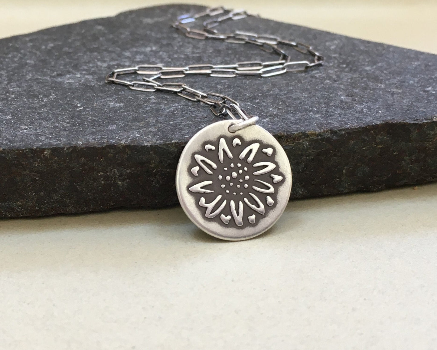 Rustic sunflower necklace in oxidized sterling silver