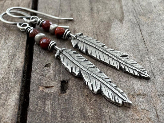 Rustic silver feather earrings with red jasper