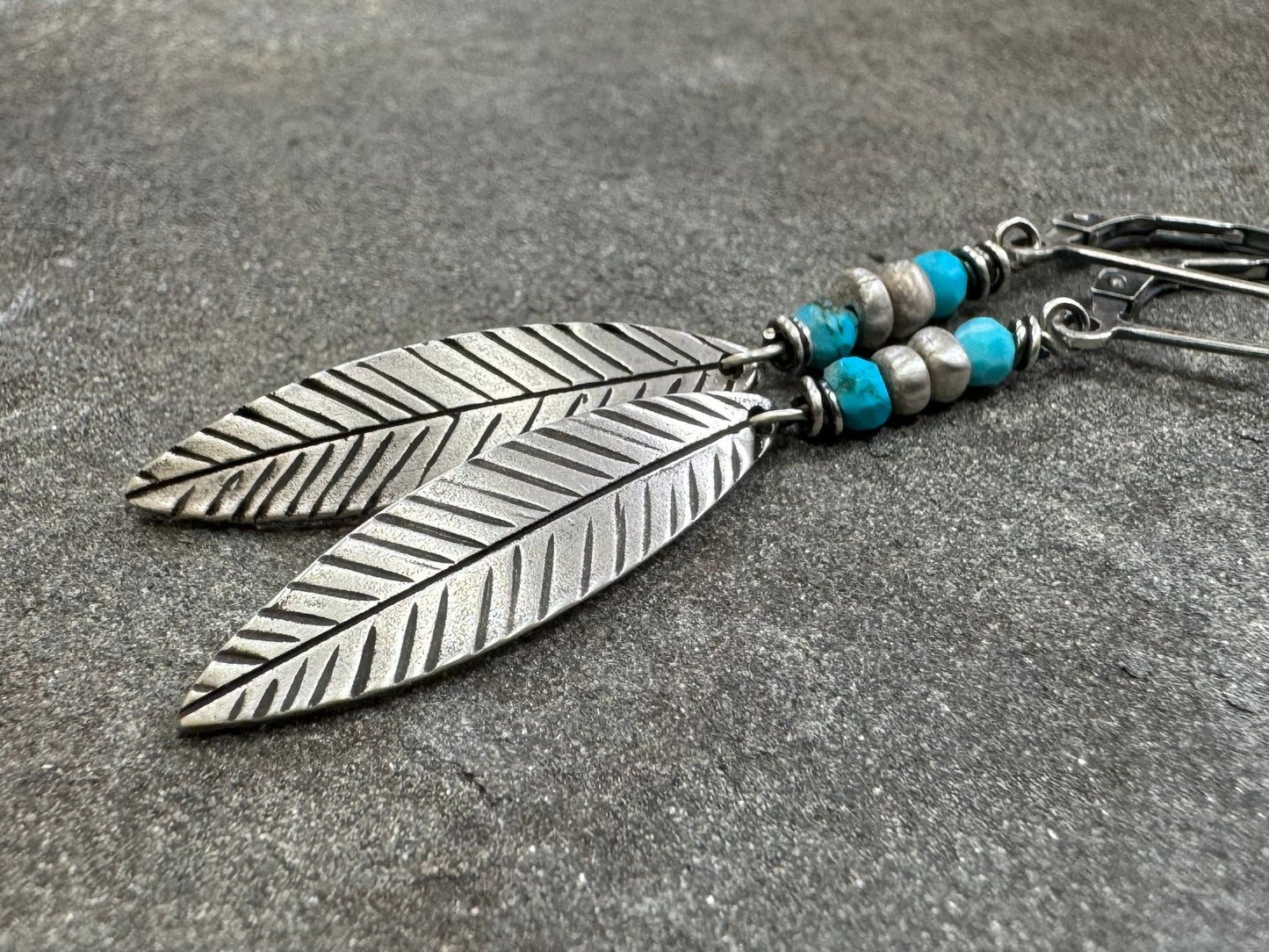 Simple silver feather earrings with bright blue turquoise - pair or single