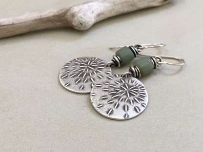 Silver starburst sashiko stitch earrings with seafoam green Java glass