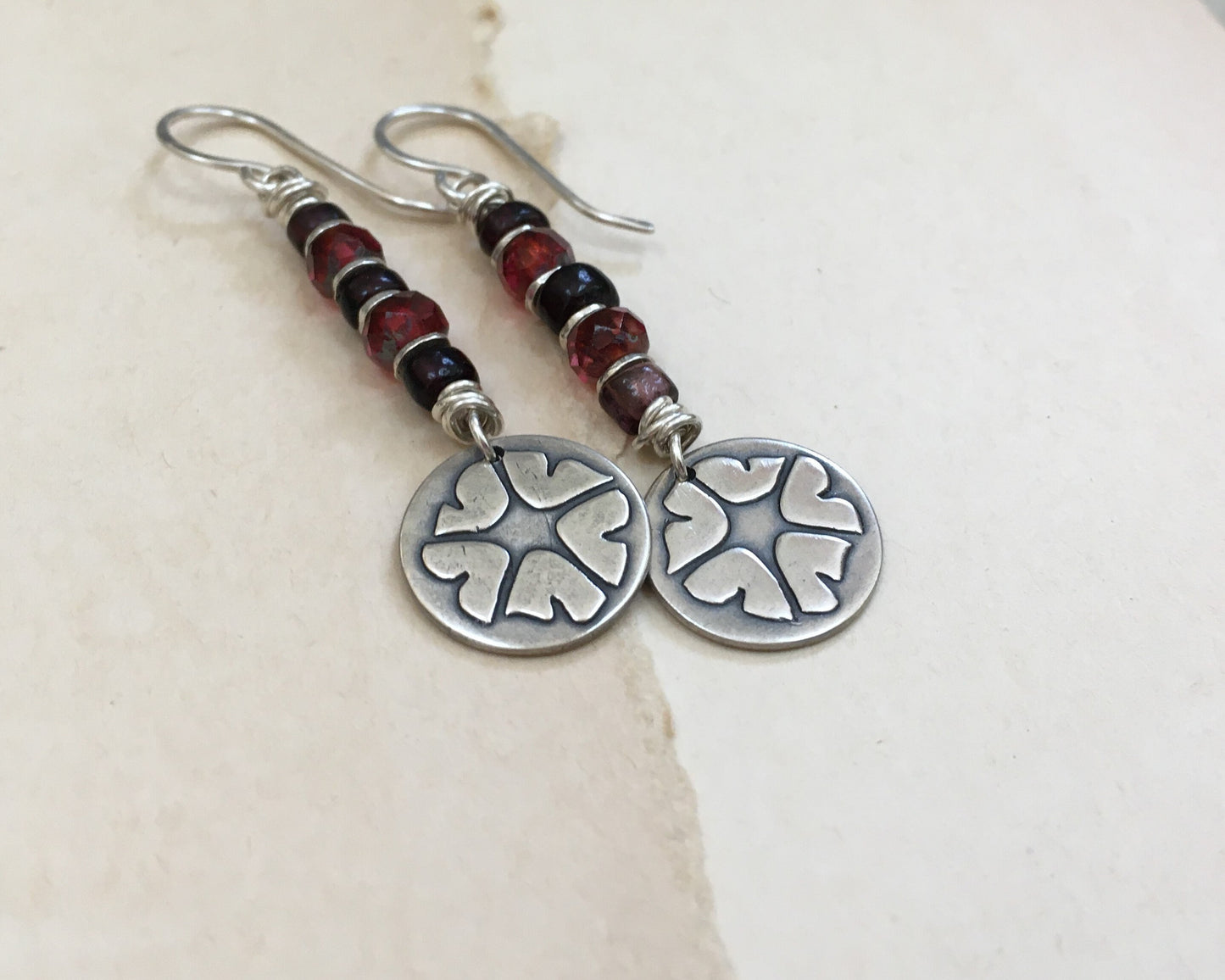 Springtime petunia earrings in silver with red & purple bead stack