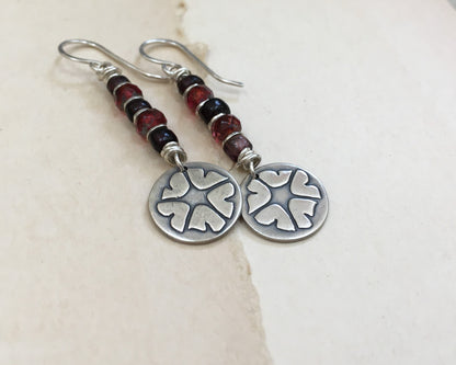 Springtime petunia earrings in silver with red & purple bead stack