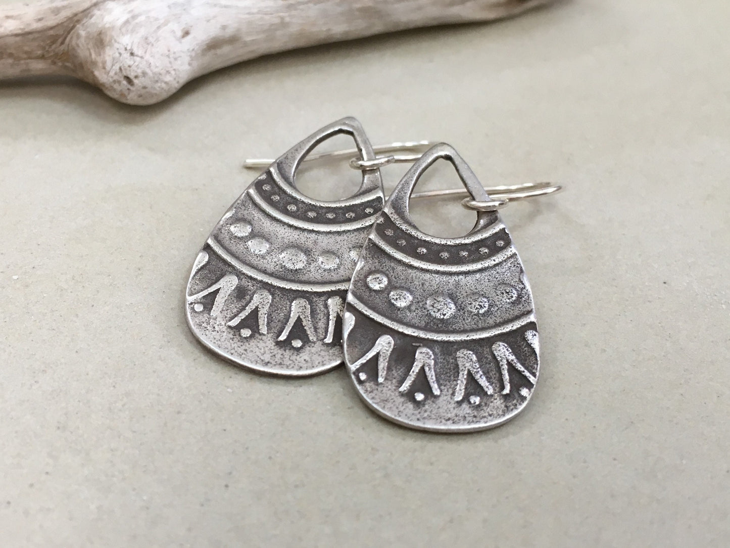 Rustic tribal style silver teardrop earrings