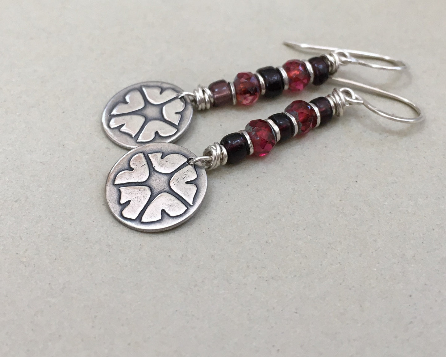 Springtime petunia earrings in silver with red & purple bead stack