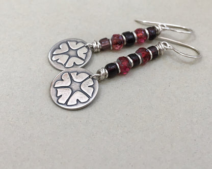 Springtime petunia earrings in silver with red & purple bead stack