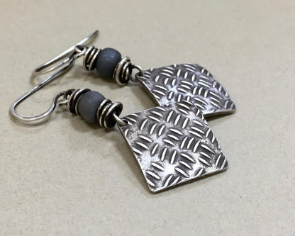Sashiko cross stitch earrings in oxidized sterling silver with gray Java glass bead