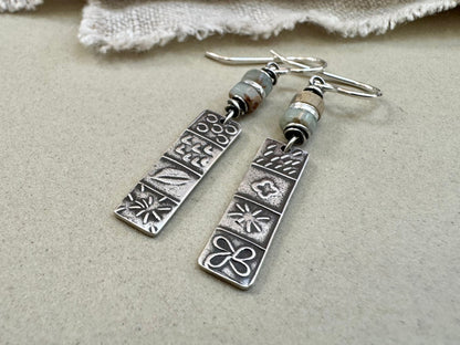 Silver quilt panel earrings with ocean jasper beads