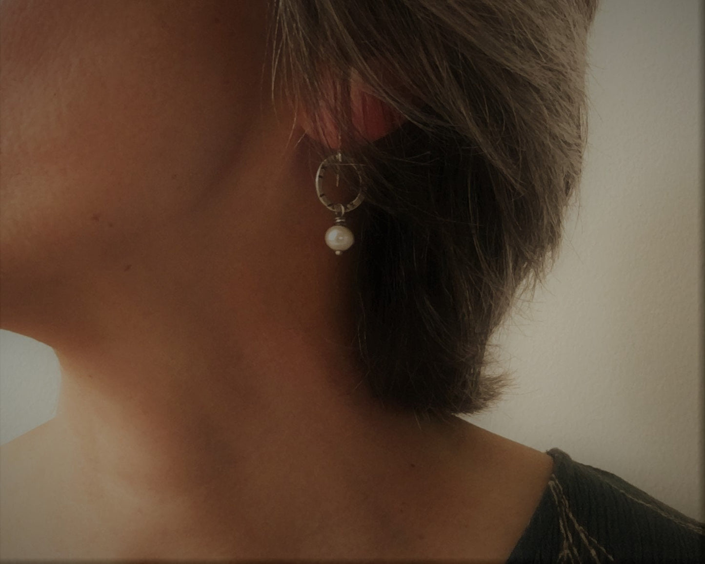 Small textured silver hoops with freshwater pearls