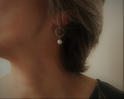 Small textured silver hoops with freshwater pearls
