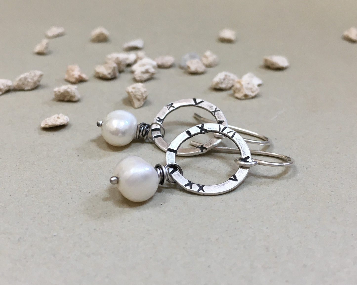 Small textured silver hoops with freshwater pearls