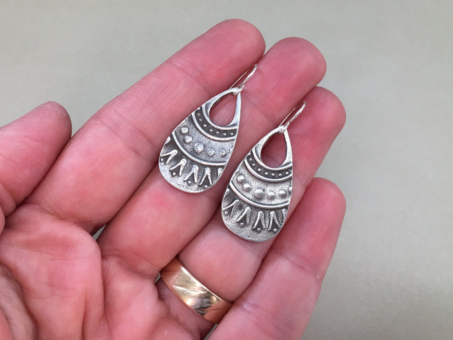 Rustic tribal style silver teardrop earrings