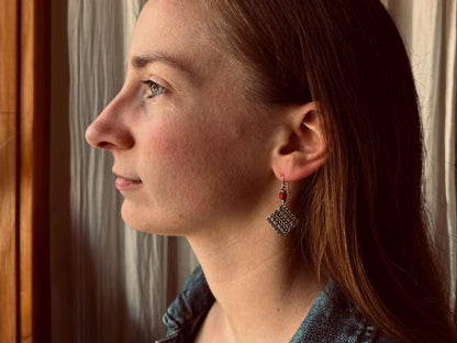 Rustic tribal style dangle earrings with red African trade bead