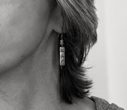 Silver quilt panel earrings with ocean jasper beads