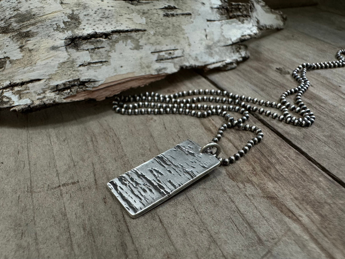 Minimalist silver wood grain dog tag necklace