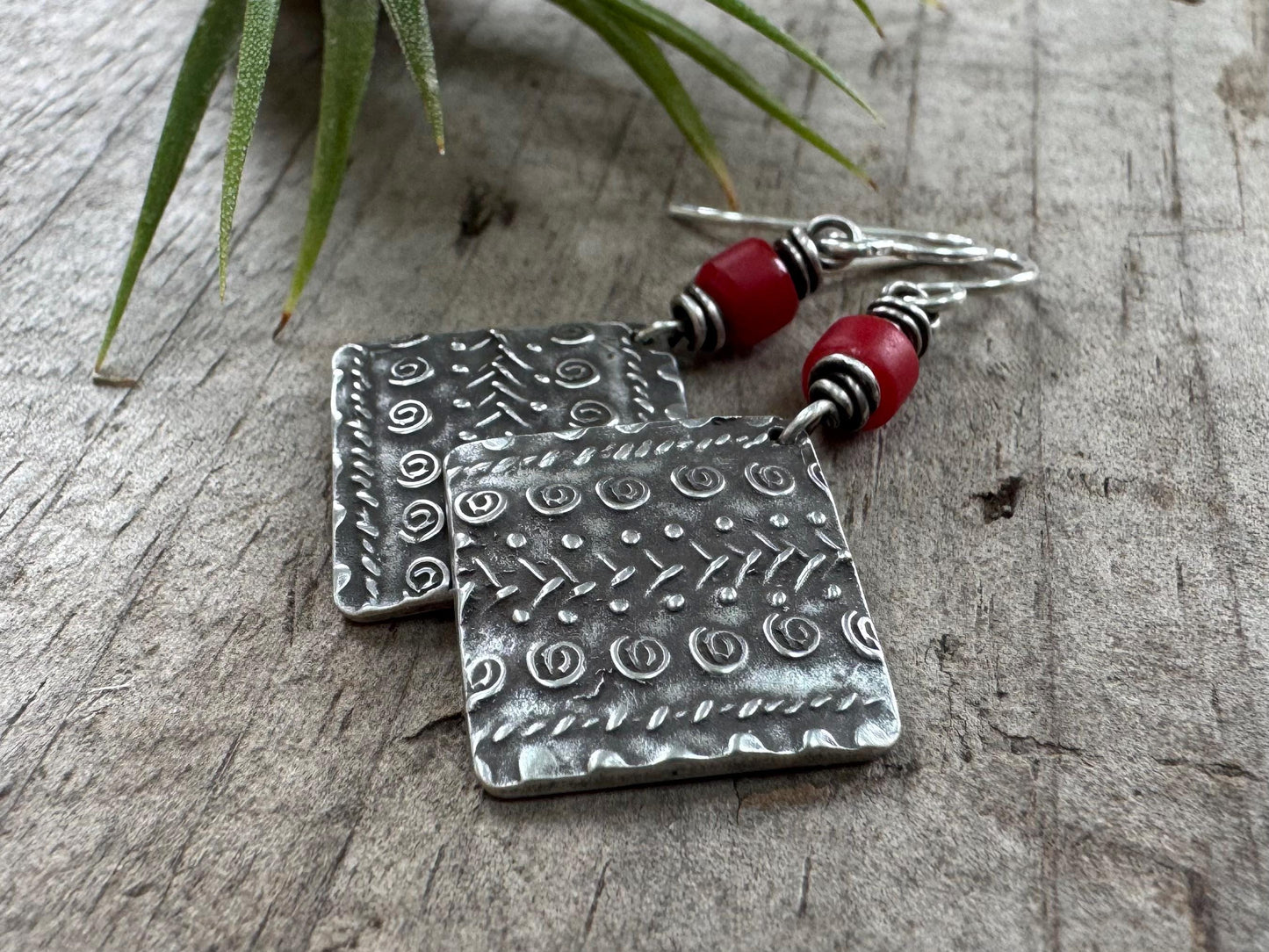 Rustic tribal style dangle earrings with red African trade bead