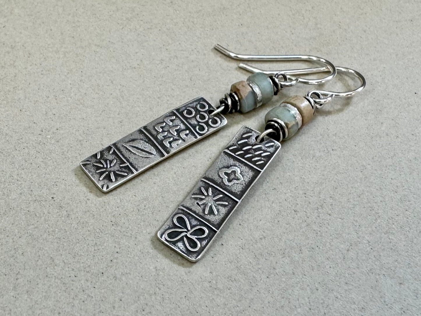 Silver quilt panel earrings with ocean jasper beads