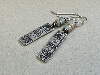 Silver quilt panel earrings with ocean jasper beads
