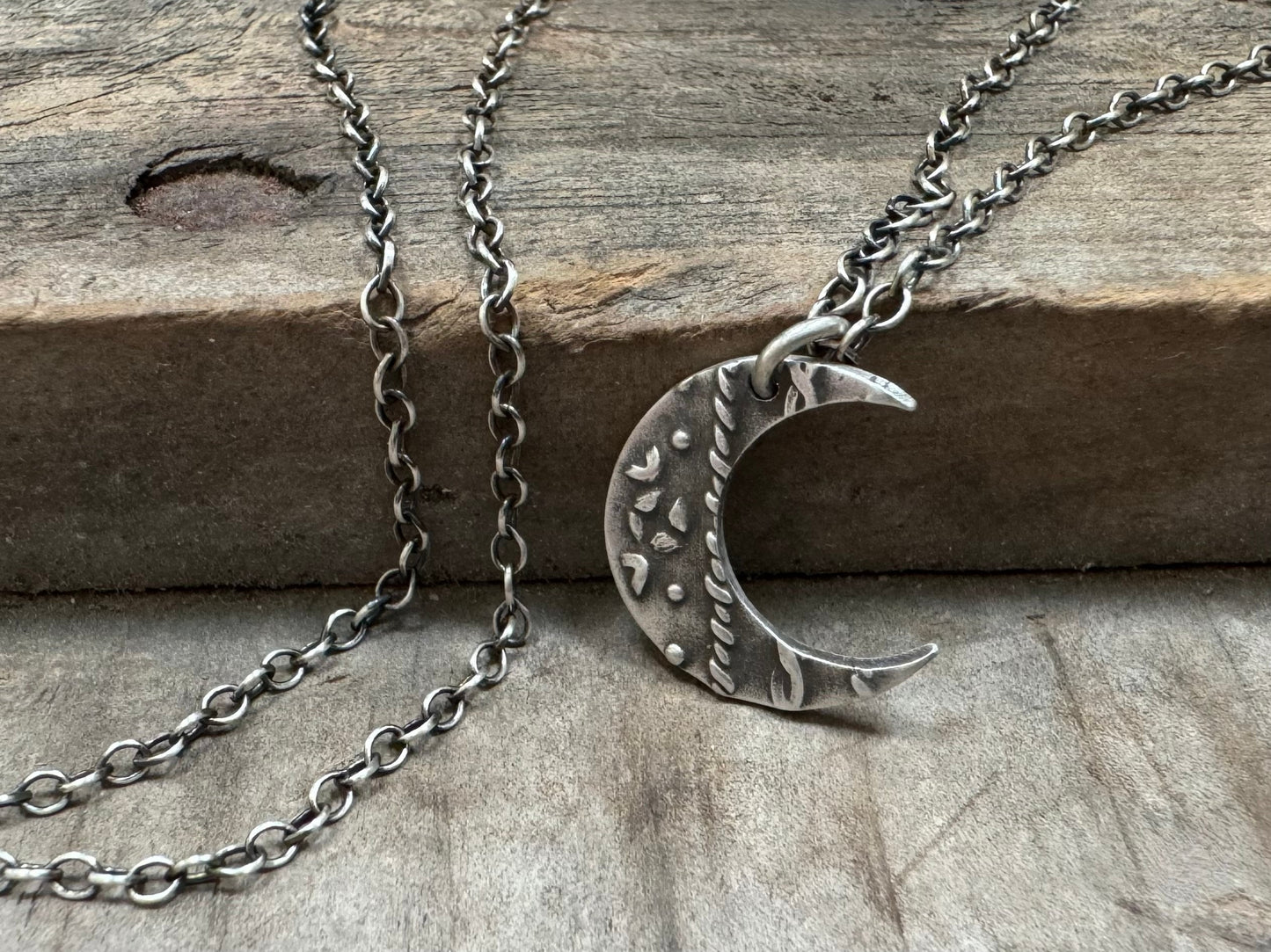 Small silver rustic crescent moon necklace