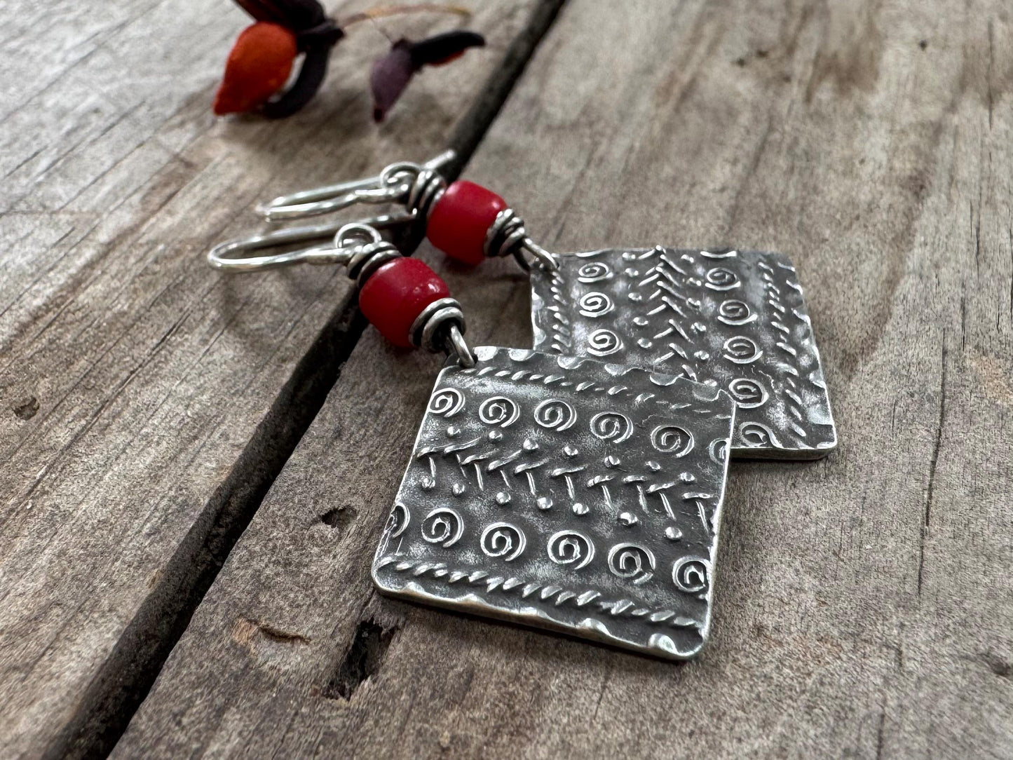 Rustic tribal style dangle earrings with red African trade bead