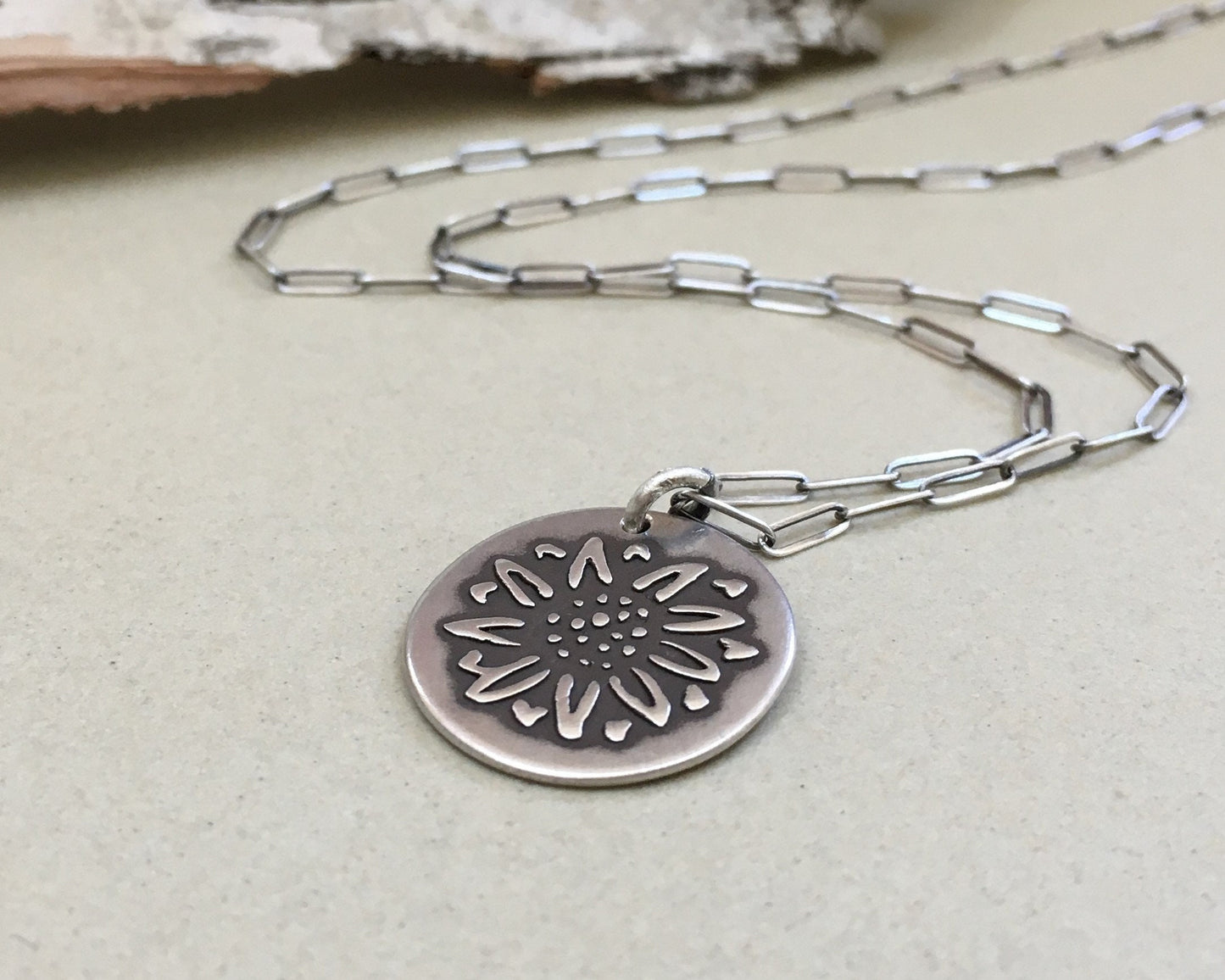 Rustic sunflower necklace in oxidized sterling silver