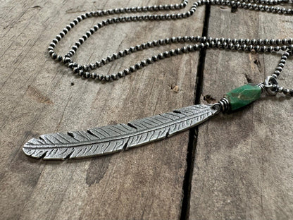 Tribal style silver feather necklace with turquoise on leather or chain