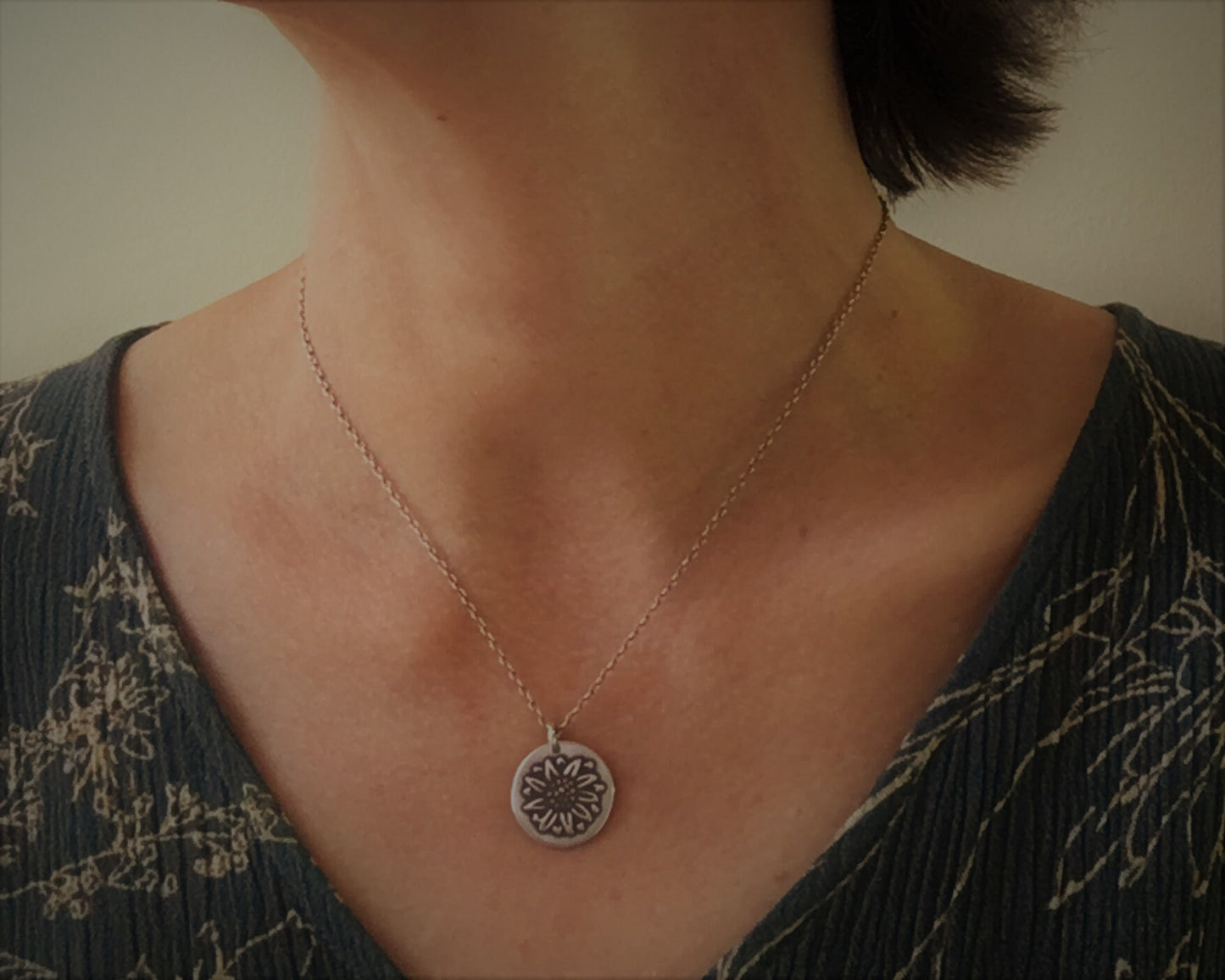 Rustic sunflower necklace in oxidized sterling silver