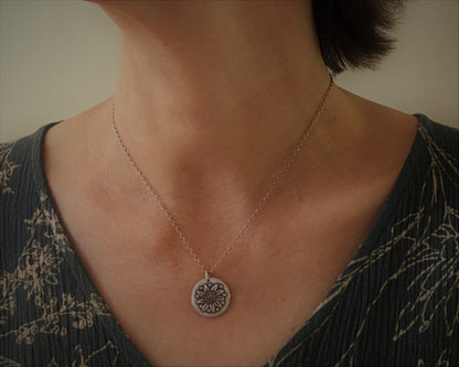 Rustic sunflower necklace in oxidized sterling silver