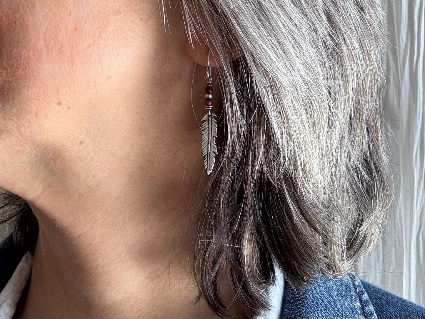 Rustic silver feather earrings with red jasper