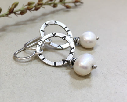 Small textured silver hoops with freshwater pearls