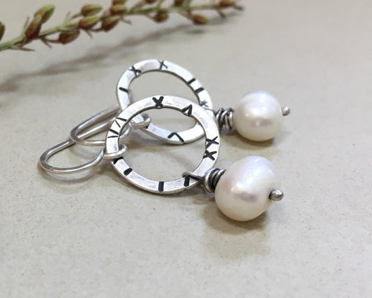 Small textured silver hoops with freshwater pearls