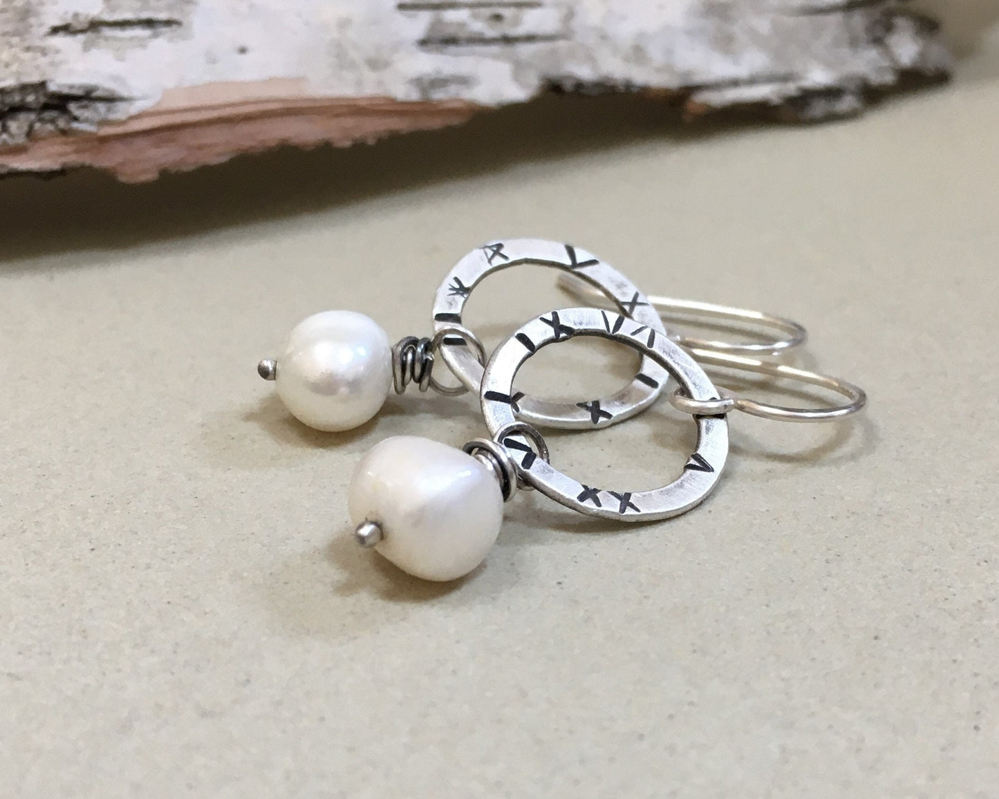Small textured silver hoops with freshwater pearls