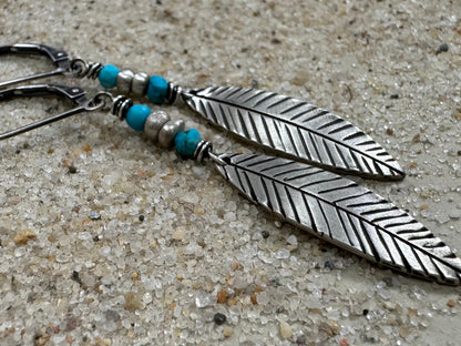 Simple silver feather earrings with bright blue turquoise - pair or single