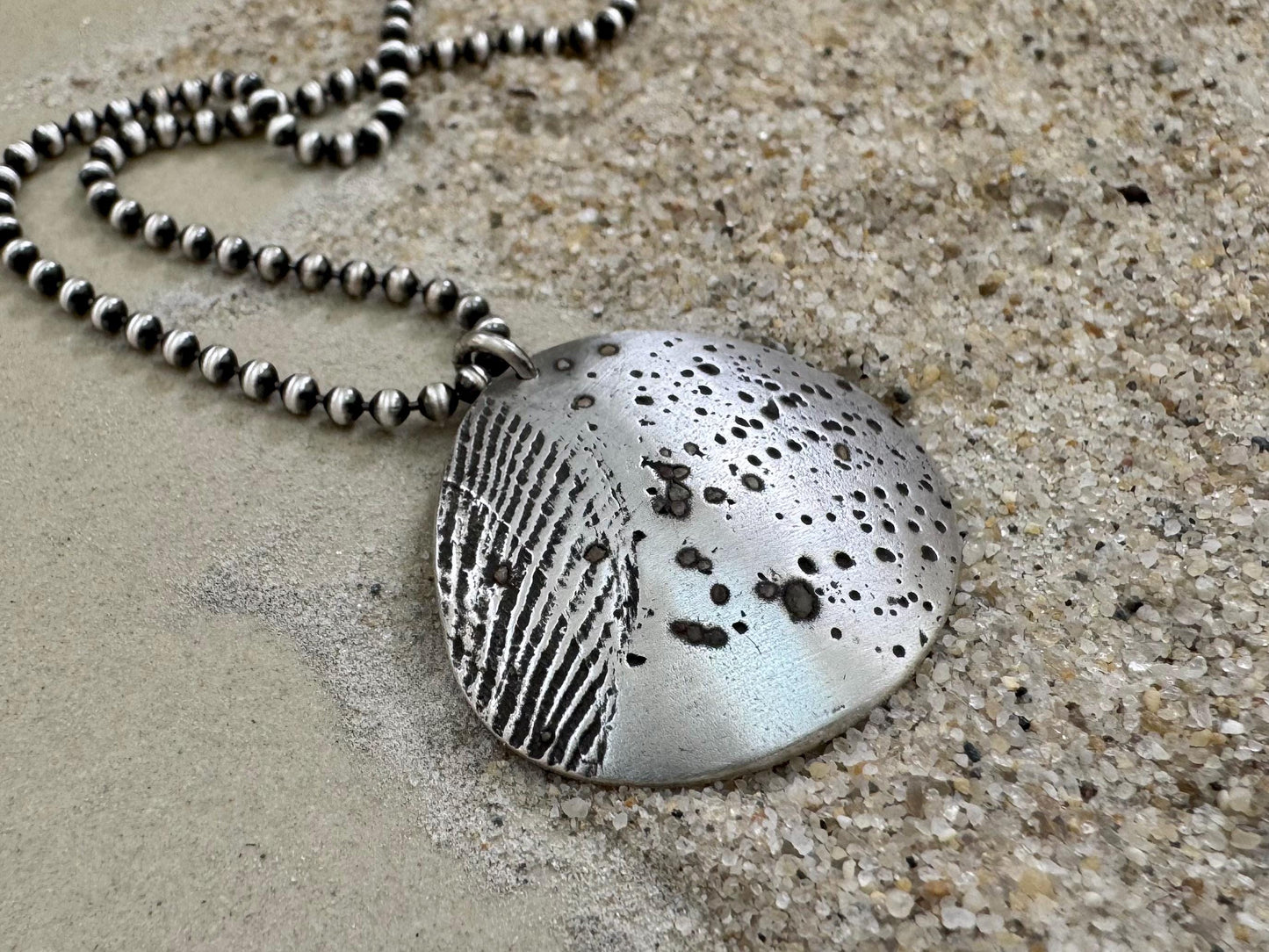 Large silver seashell and sand necklace on ball chain or leather