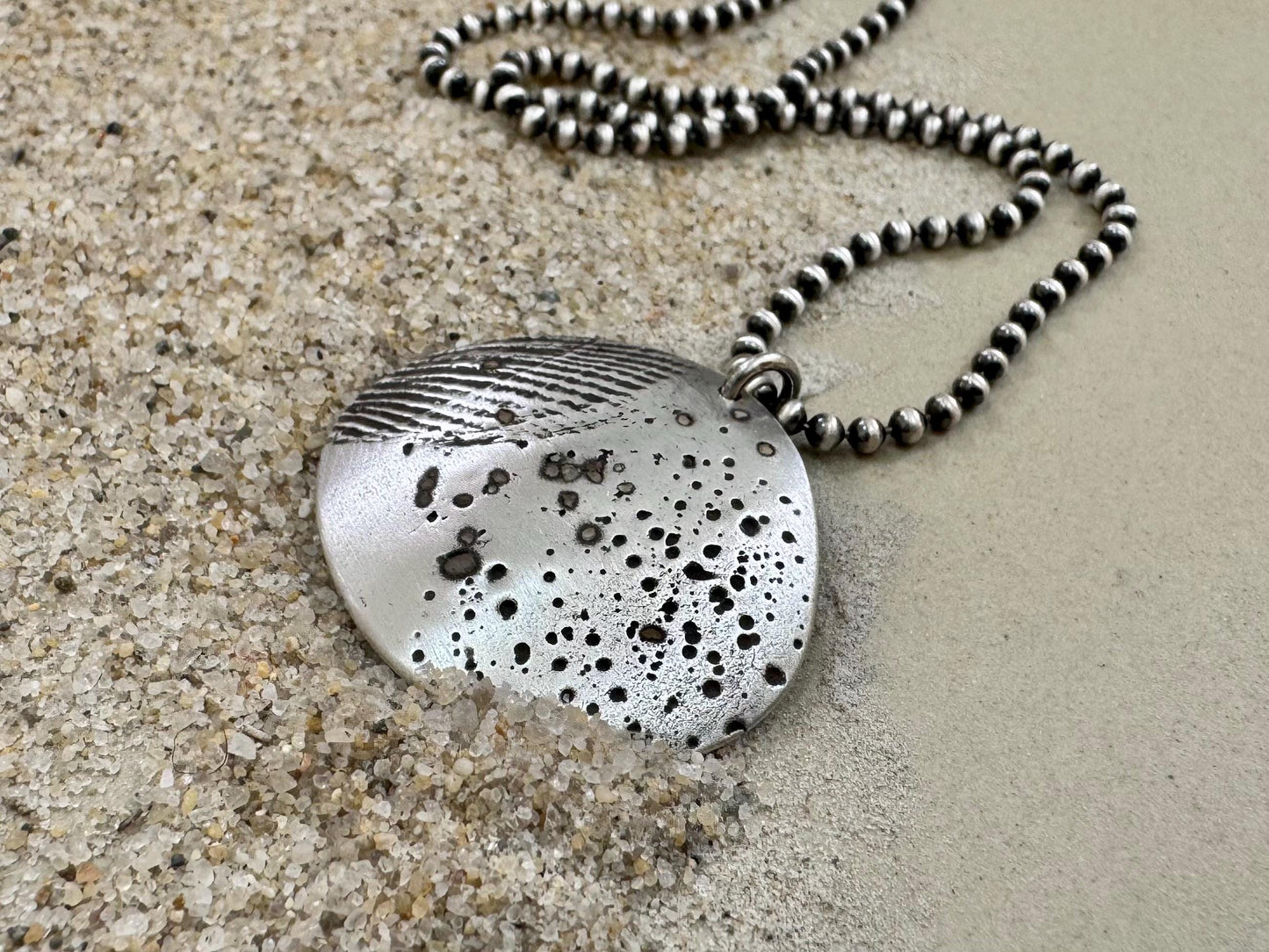 Large silver seashell and sand necklace on ball chain or leather