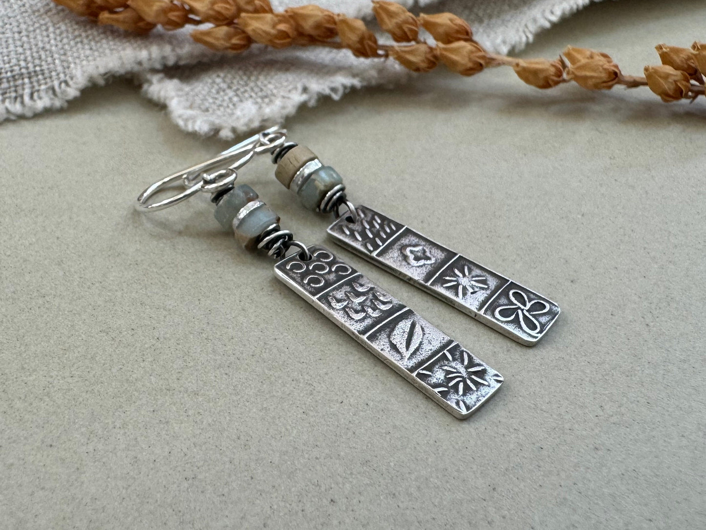 Silver quilt panel earrings with ocean jasper beads