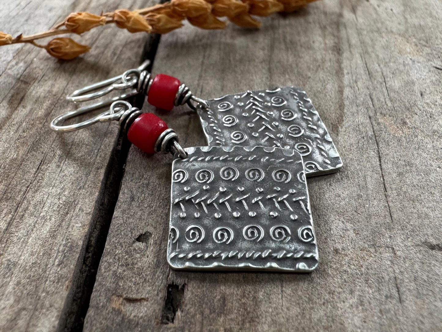 Rustic tribal style dangle earrings with red African trade bead