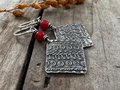 Rustic tribal style dangle earrings with red African trade bead