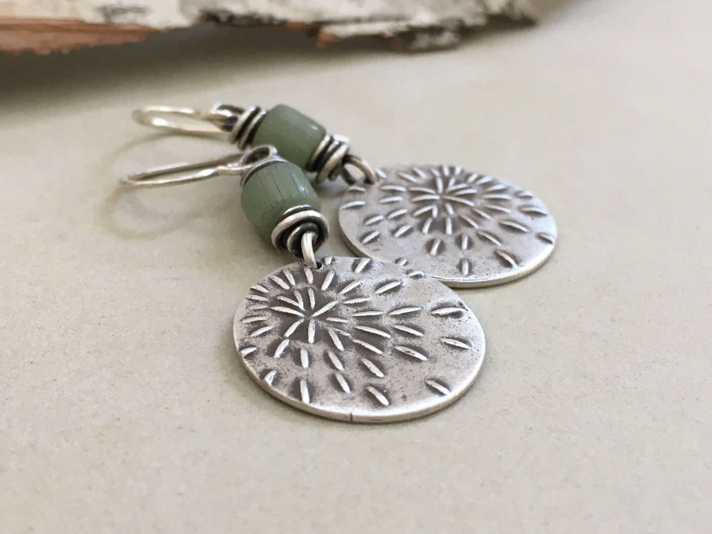 Silver starburst sashiko stitch earrings with seafoam green Java glass