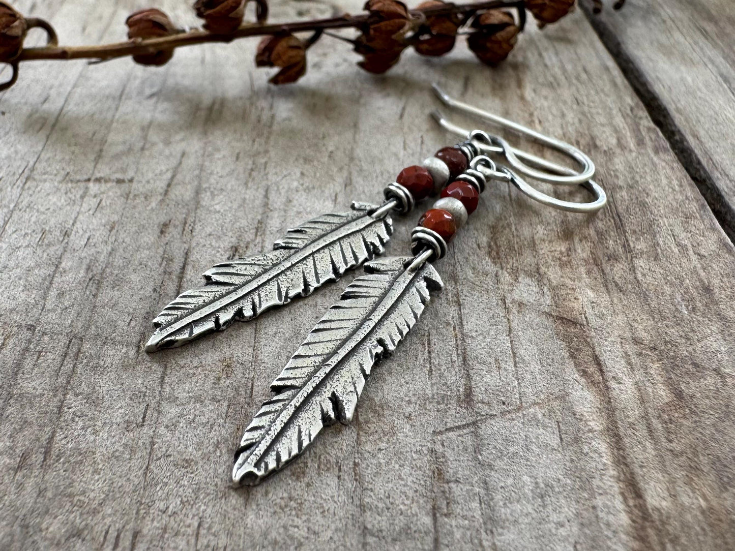 Rustic silver feather earrings with red jasper