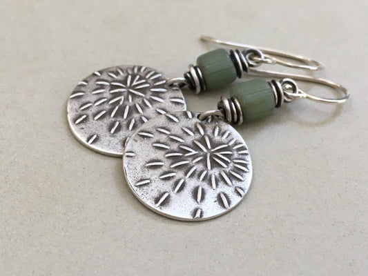 Silver starburst sashiko stitch earrings with seafoam green Java glass