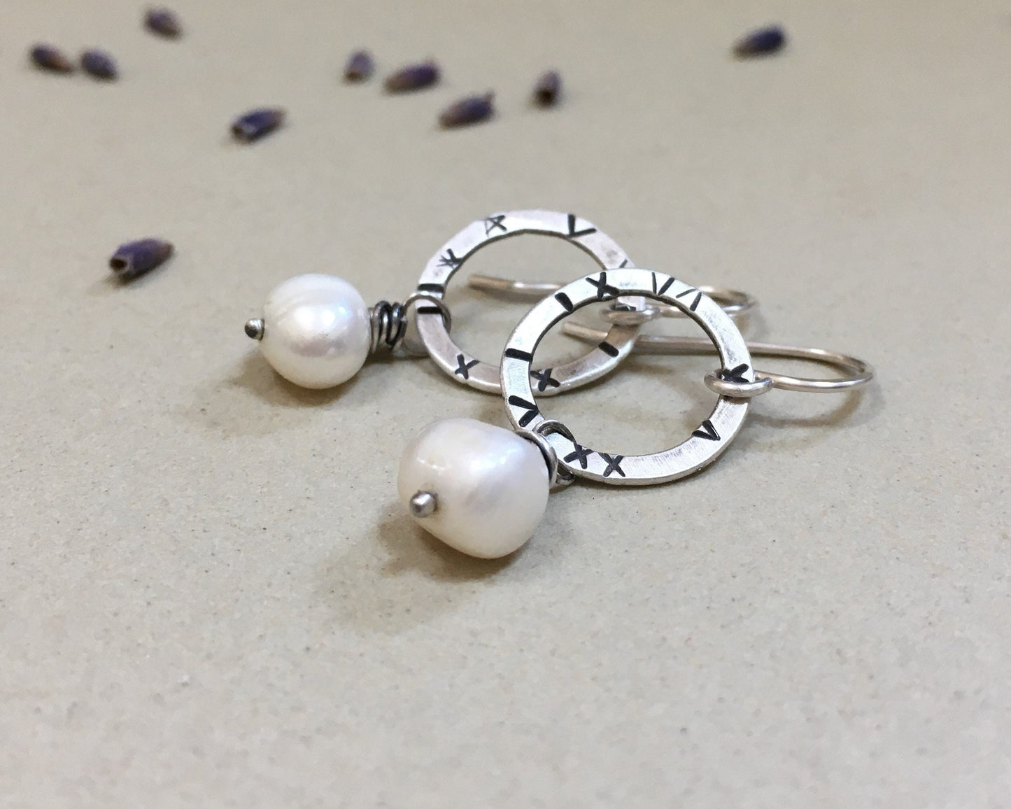 Small textured silver hoops with freshwater pearls